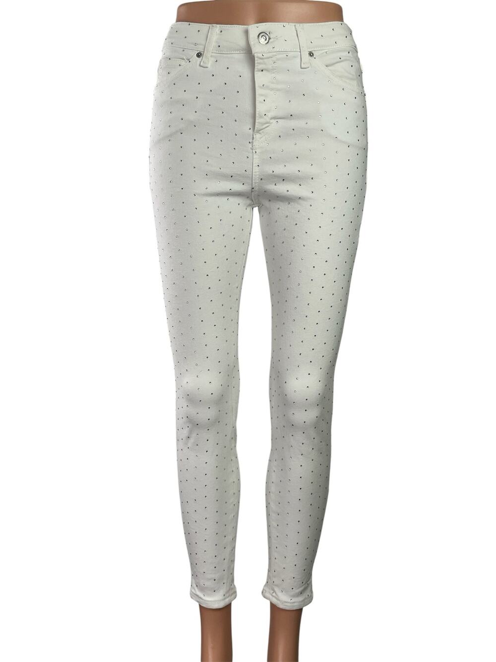 Topshop Moto Jamie Women's White Rhinestone High Rise Skinny Denim Jeans Size 26